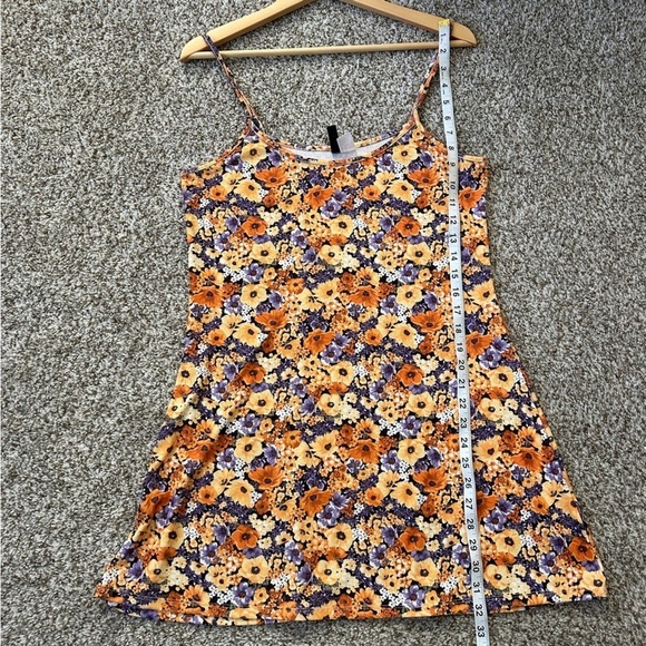 🦋 H&M Divided Orange Purple Floral Jersey Stretch Mini Dress Spaghetti Strap - Picture 6 of 6